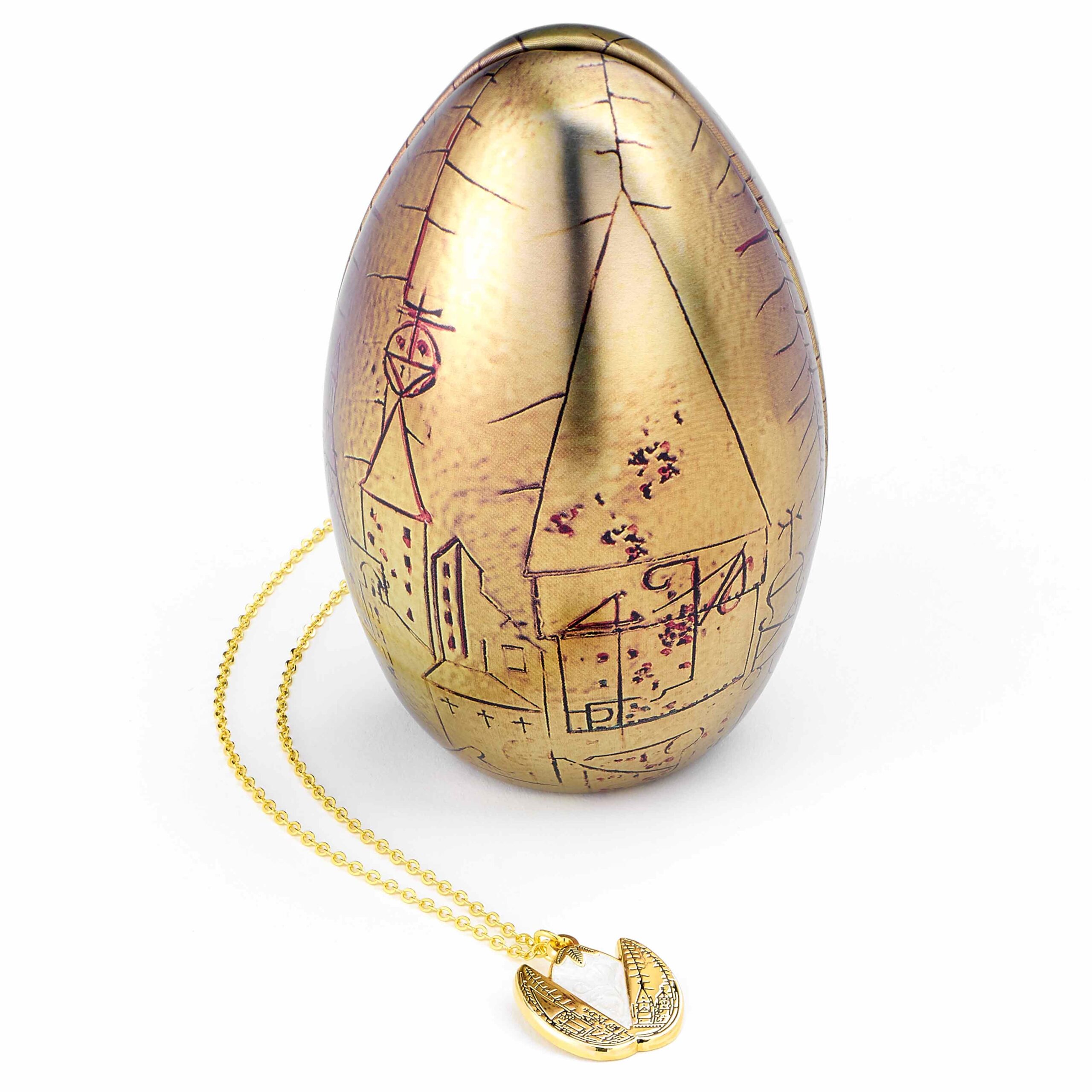 Uovo d’oro Harry Potter ispirato al Torneo Tremaghi, con collana dorata inclusa e cofanetto regalo decorativo, perfetto per fan e collezionisti.